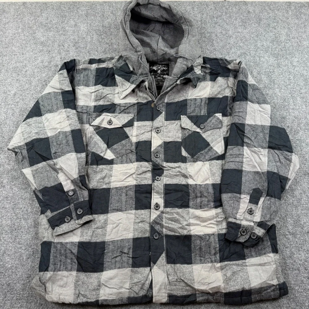 Sacred Cult Hooded Flannel Jacket XL Black Gray Sherpa Lined Buffalo Plaid Men's